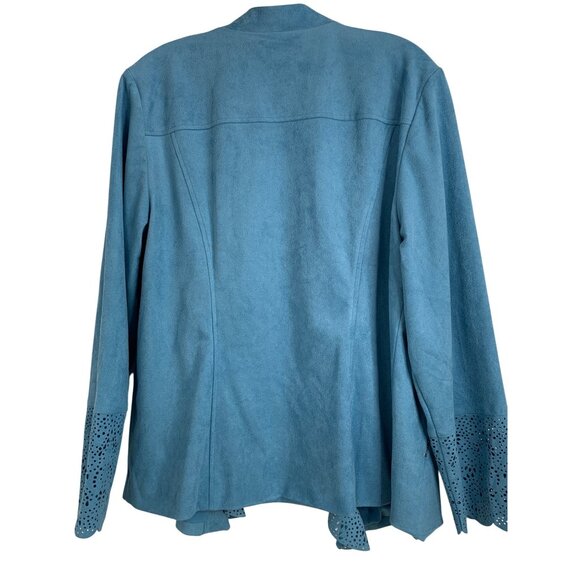 Chicos Blue Faux Suede Perforated Ruffle Jacket Size 12 L New RH10190 NWT - Picture 7 of 9